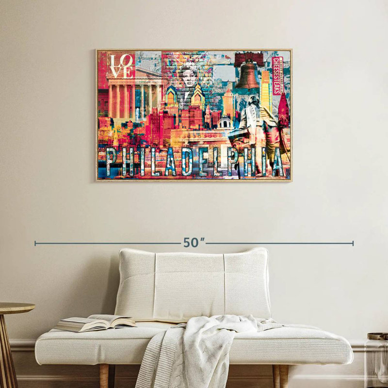 Monuments de Philadelphie, grunge, Cadre flottant en bois naturel, 37 po x 25 po