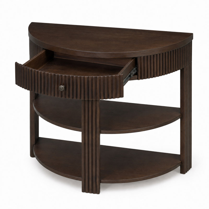 Console demi-lune cannelée de style transitionnel moderne avec tiroir incurvé et 2 tablettes ouvertes pour entrée, salon et couloir.