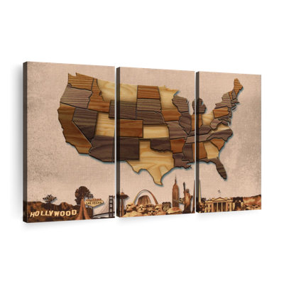 " Carved Wood USA Map Multi Piece Canvas Print " 3 - Pieces
