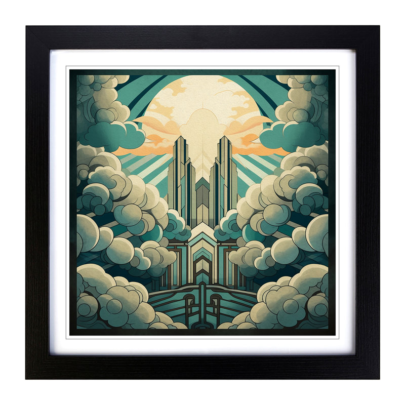 Cloudy Sky Art Deco No.2 - Single Picture Frame Print on Wood, Black