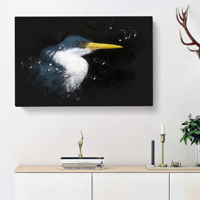 Pied Heron - Wrapped Canvas Painting, 60cm H x 91cm W x 4cm D