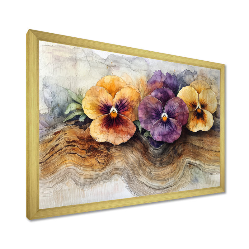 Giralt Summer Pansies Flowers on A Top of Wooden Slide II - Pansies, Reproduction encadrée d'une seule photo, Doré