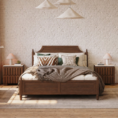 HeritageWood Queen Platform Bed Frame with Headboard and Footboard Modern Farmhouse Style in Dark Brown Pine and Engineered Wood