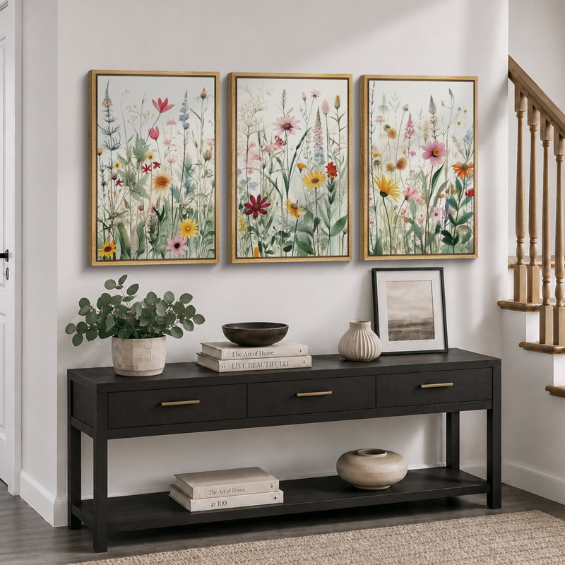 Vibrant Wildflower Green Garden Floral Boho Artwork Framed On Canvas 3 Piece Paintings Print Wall Decor, 24" H x 16" W