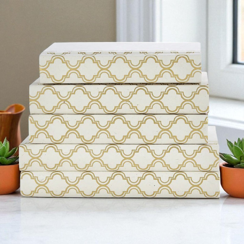 Quatrefoil 5 Piece Book Set, Gold//Off White