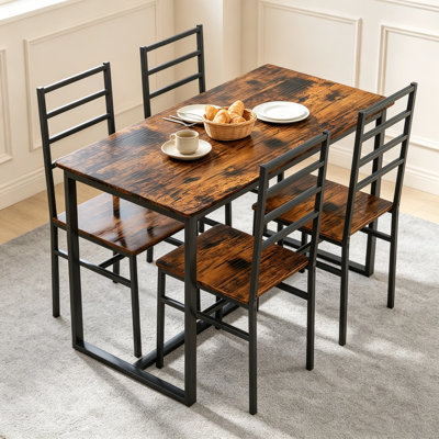 A Modern-Style Wrought Iron And Wood-Topped Dining Table Set Of Five Pieces, Featuring A Metal Frame Paired With Wood Grain Panels; A Complete Set Of Home Dining Table And Chairs.