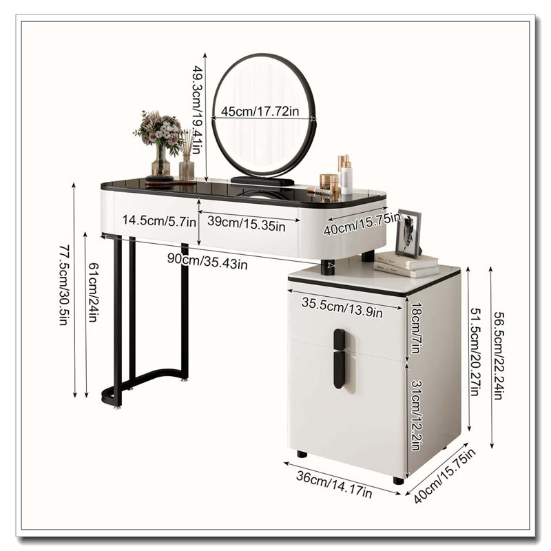 Coiffeuse moderne avec plateau en verre trempé, pieds à hauteur réglable, armoire de rangement multifonctionnelle et miroir rond