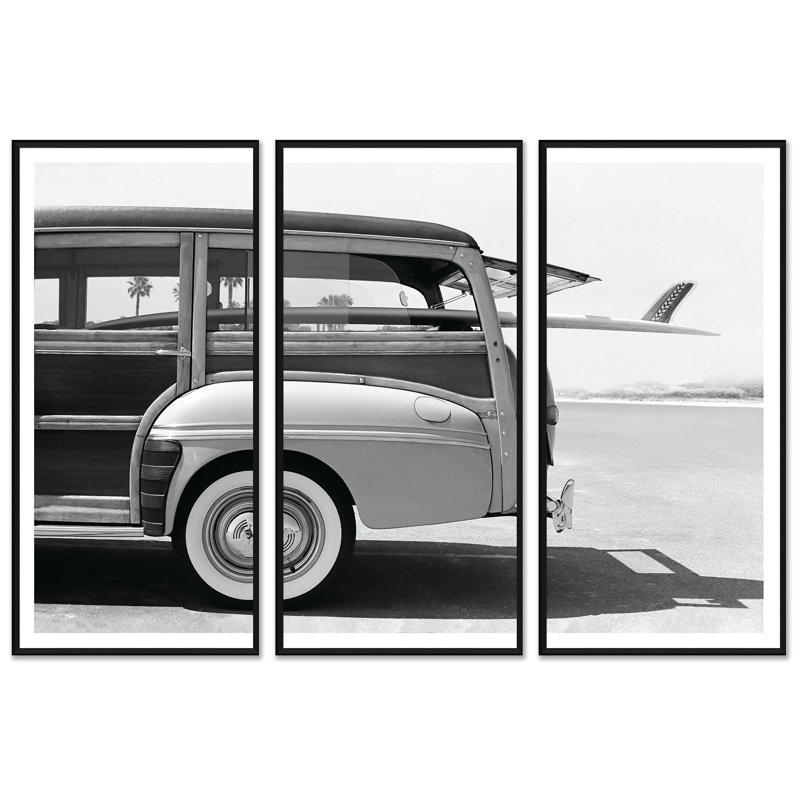 Old Woodie Station Wagon with Surfboard Framed