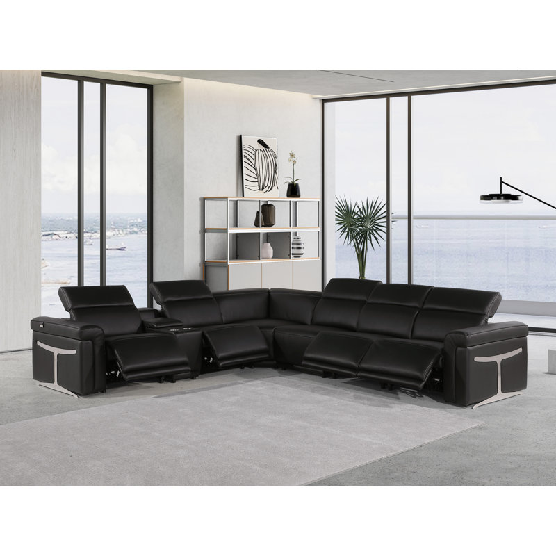 Suhur 7 - Piece Top Grain Italian Leather Reclining Sectional, Black Genuine Leather