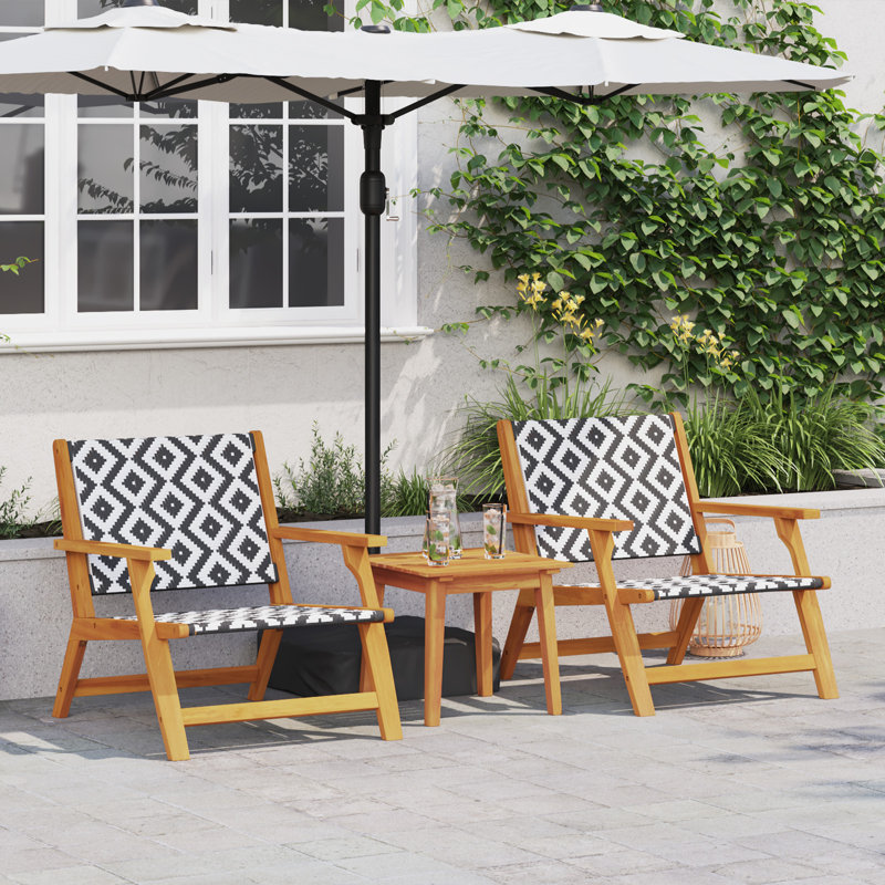 Set Of 2 Black And White, Teak Look Acacia Wood, Rattan