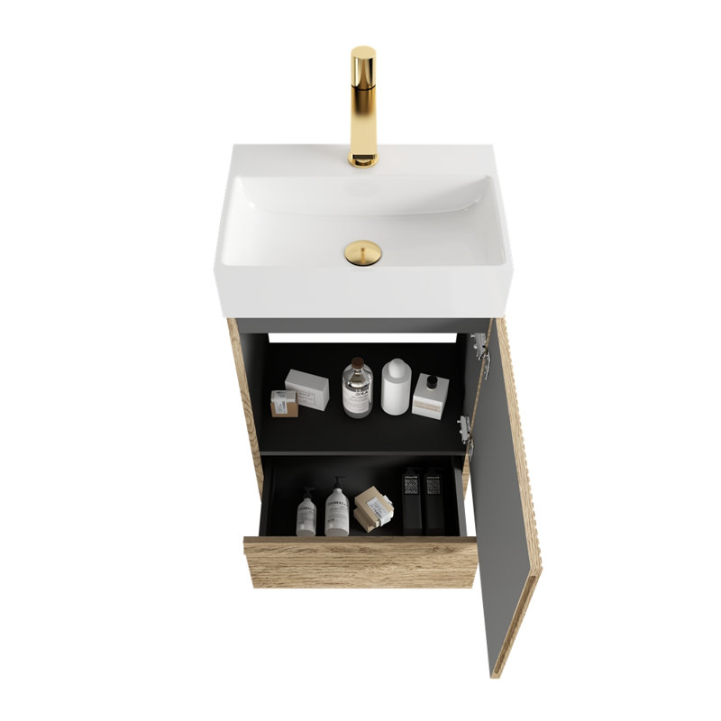 Meuble-lavabo rayé en chêne clair de 20 po avec lavabo en céramique blanche, meuble de salle de bain autoportant pour salle de bain moderne, lavabo en céramique blanche une pièce sans drain ni robinet, KD