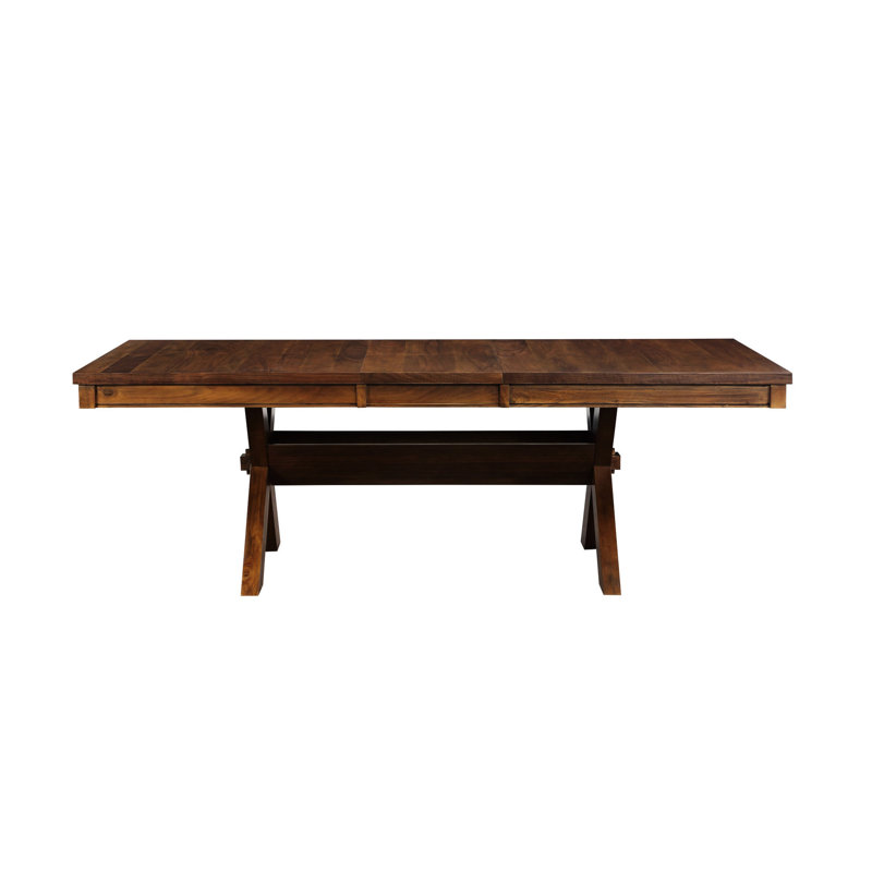 Table de salle à manger en placage de noyer avec piédestal à tréteaux et rallonge papillon, rembourrage rectangulaire en polyuréthane