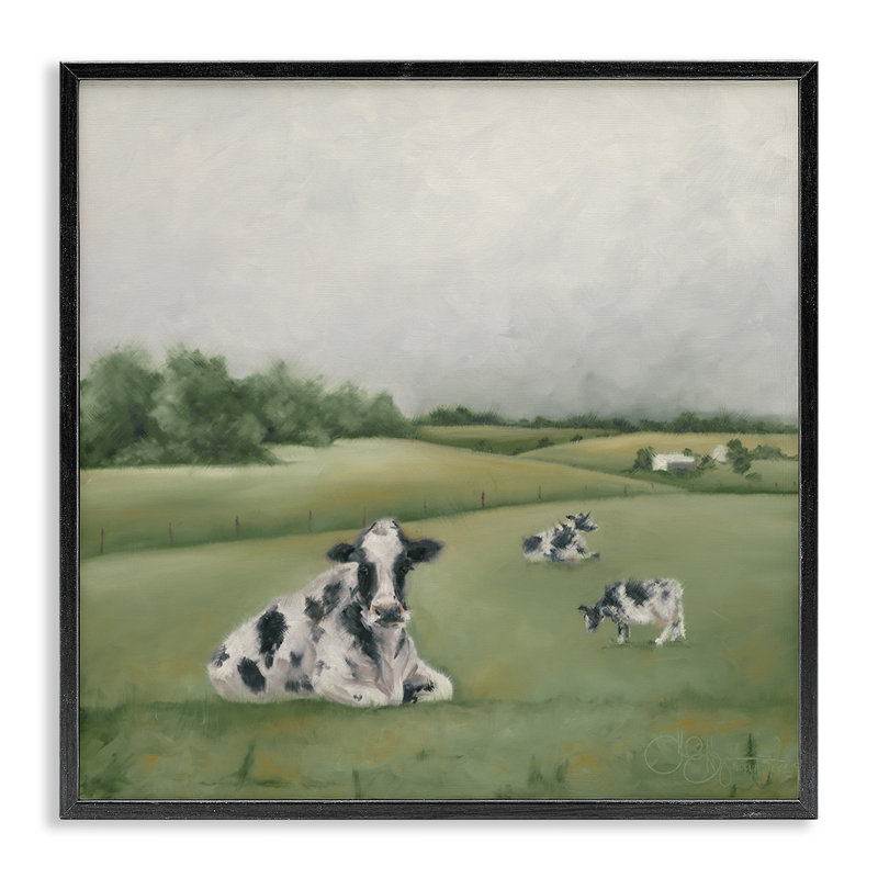 Vaches laitières broutant - peinture sur toile, Giclée encadrée noir minuit, H 17 po x l 17 po 