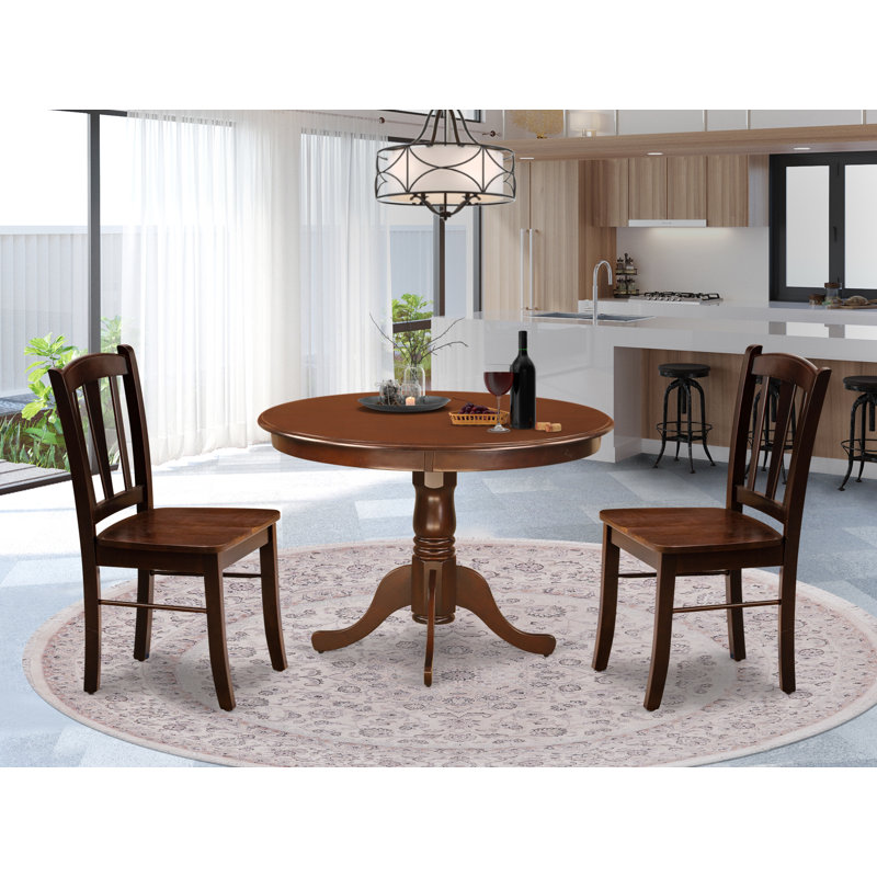 Ensemble de table de cuisine 3 pièces pour petits espaces comprenant une table de salle à manger ronde avec piédestal et 2 chaises en bois massif, acajou