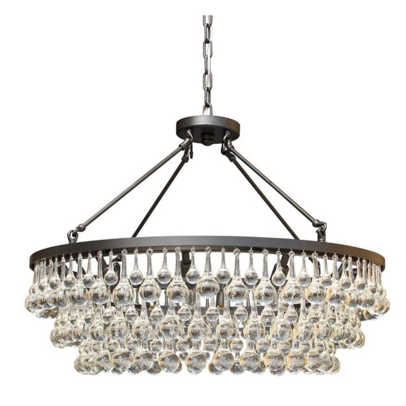 10-light Glass and Crystal Chandelier - 32in Diameter - Hanging or Flush Mount, Black