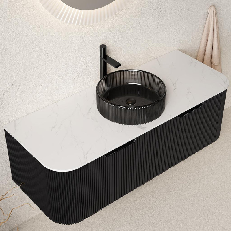 Meuble-lavabo de salle de bain 48 po Dina avec lavabo, armoire de rangement murale rayée à bords arrondis flottants avec 2 tiroirs, lavabo et comptoir en verre noir transparent pré-assemblé