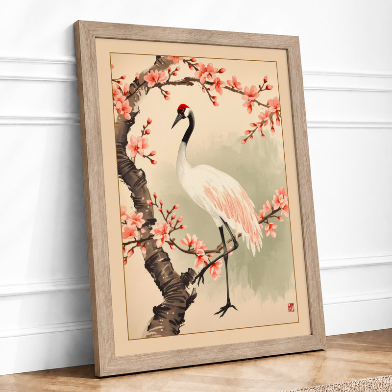 Cranes Beneath Blossom Japandi - Framed Print, A3 - 42.0 x 29.7 cm, Oak