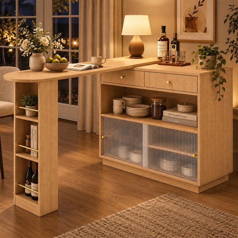 Extendable Bar Table with Storage, Modern Rolling Bistro Table with LED Lights & 360° Rotating Top
