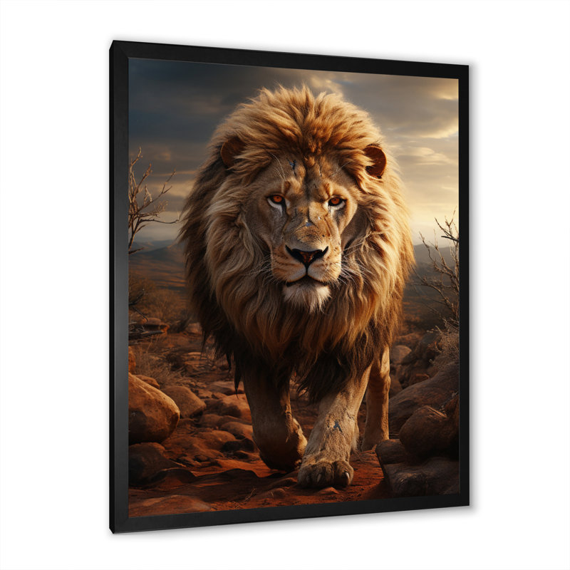 Moniet animal lion à Savan - impression, Toile noire à cadre unique, H 32 po x l 16 po x P 1 po