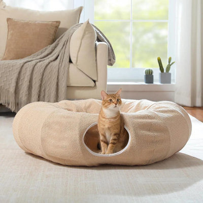 Tunnel en forme de beignet pour chat avec lit pour chats d'intérieur, tunnel de jeu pour chat rond avec tapis en peluche lavable, jouet mignon pour chatons, chiots, lapins, furets