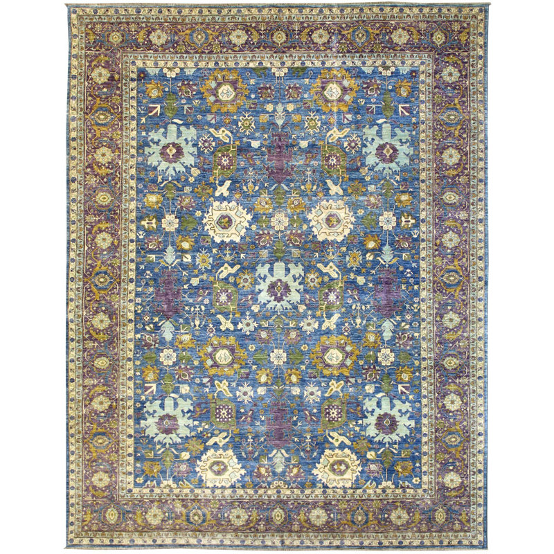 Tapis bleu en laine noué à la main de conception unique 10 pi x 13 pi 8 po New Age