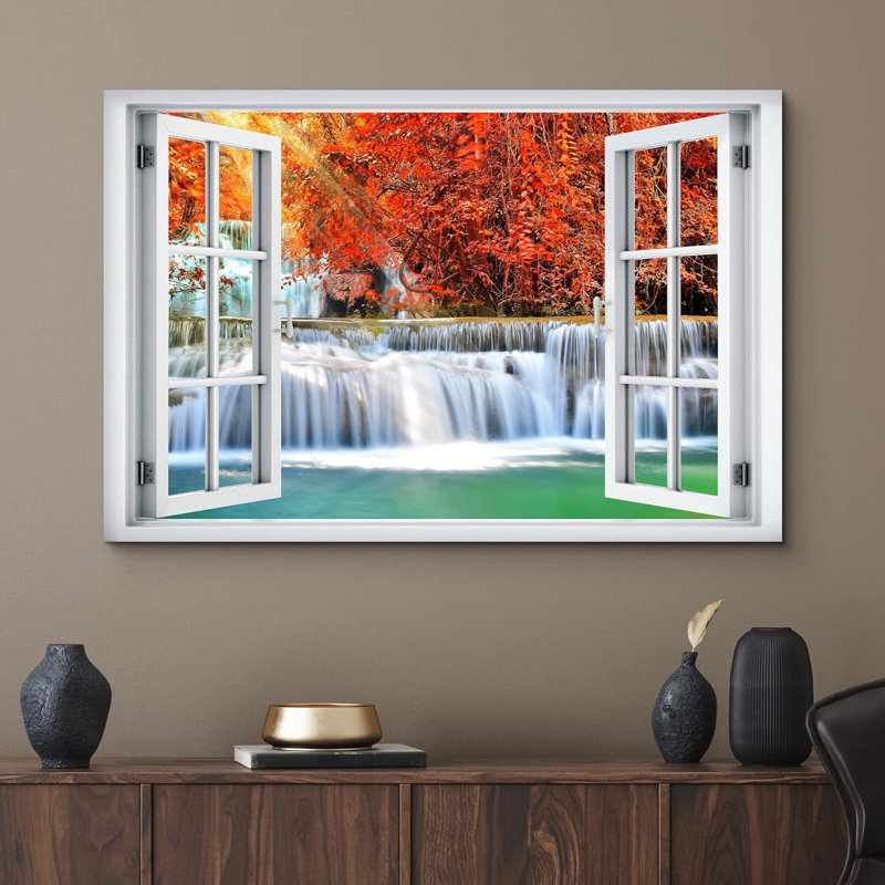 Automne, automne «Window View Autumn Orange Leaf Waterfall Rapid Lake Nature Images Scenic Landscape» sur toile