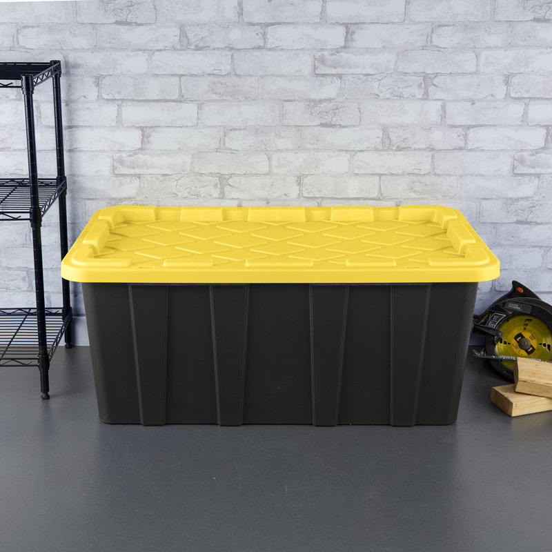 Sterilite 17 Gallon Industrial Stackable Storage Tote Lidded Containers, 6 Pack, 8 Pack, Black/Yellow, 38 Gallon