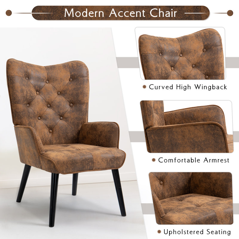 Accent Chair With Ottoman, Mid Century Accent Chair With Rubberwood Legs, Modern Tufted Wingback Arm Chair, High Back Accent Chair For Living Room, Bedroom Office