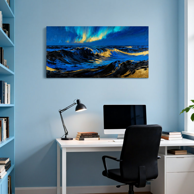 Nautical & Beach Ocean Waves Under Dramatic Sky Glow, 16" H x 32" W