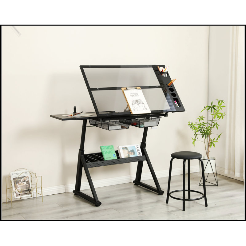 Table à dessin réglable en verre trempé avec chaise et rangement, parfaite pour un usage artistique et professionnel dans n'importe quelle pièce