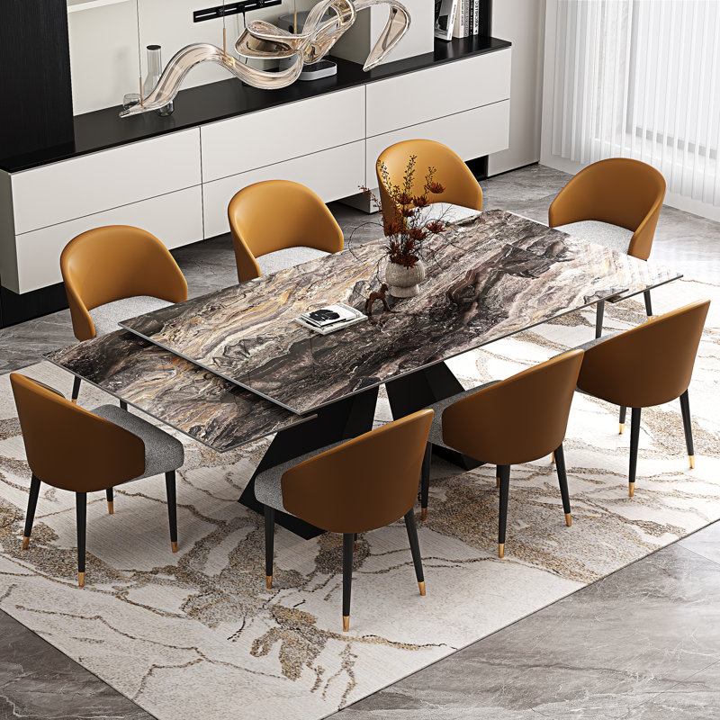 9-Piece Dining Set With 110.24'' Extendable Sintered Stone Table Top, 8 Upholstered Faux Leather Dining Chairs & Metal Base