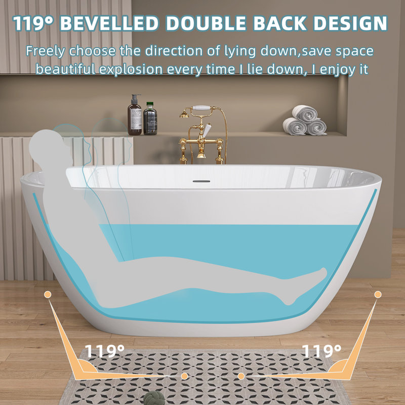 55" Freestanding Soaking Acrylic Bathtub, Matte White