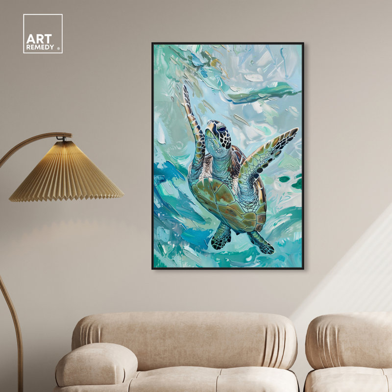 Serene Turtle Coastal Canvas Wall Art with Black Frame, 46" x 31"