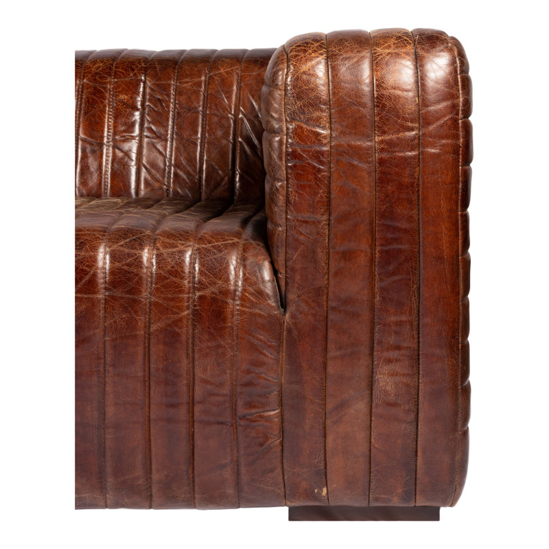 Castle 95" Genuine Leather Square Arm Chesterfield Sofa, Brown Genuine Leather