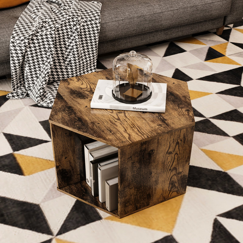 Table basse hexagonale polyvalente en bois antique, structure robuste, grand espace de rangement, design élégant, table de chevet en bois facile à installer, matériau robuste, étapes d'assemblage simples et tendance