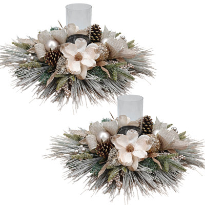 Champagne Gold Christmas Centerpiece with Pillar Candle Base and Glass Hurricane
