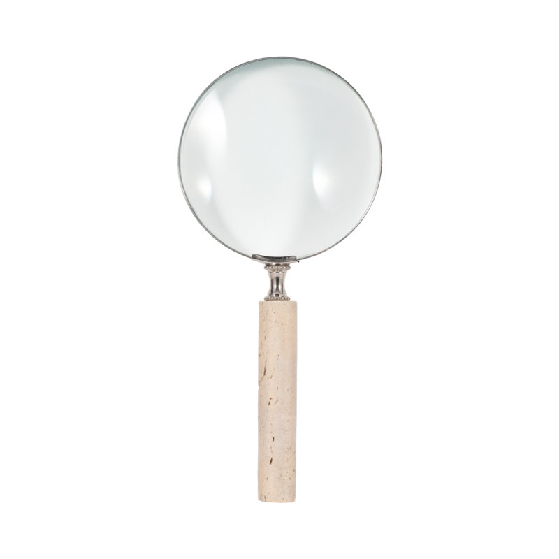 Decorative Round Glass Magnifying Glass Object with Travertine Handle for Home Decor - Sculptural Figurine Accent for Decorations for Living Room - Tan