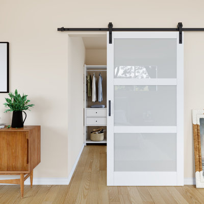 Portes pré-percées, porte de grange coulissante en bois manufacturé en PVC blanc massif de 84 po de hauteur avec trousse de quincaillerie (avec fermeture en douceur)