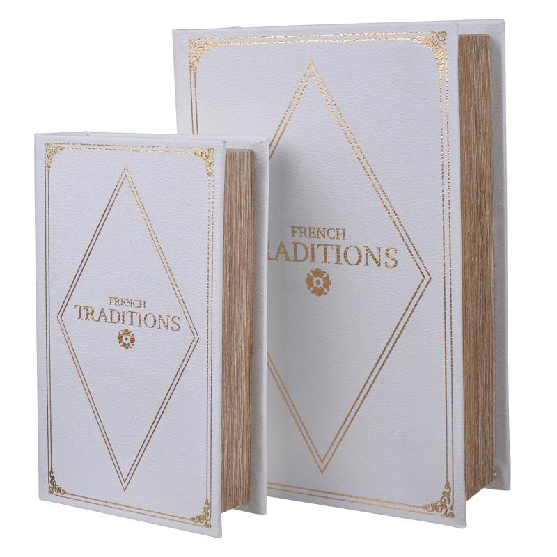 Ensemble de 2 boîtes à livres décoratives en similicuir, boîtes de rangement cachées avec motif «French Traditions» blanc et doré, 10 po x 7 po et 8 po x 5 po