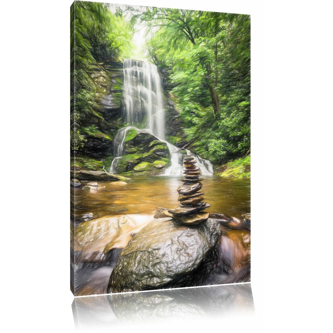 Leinwandbild „Zen-Steine vor Wasserfall“, Grafikdruck