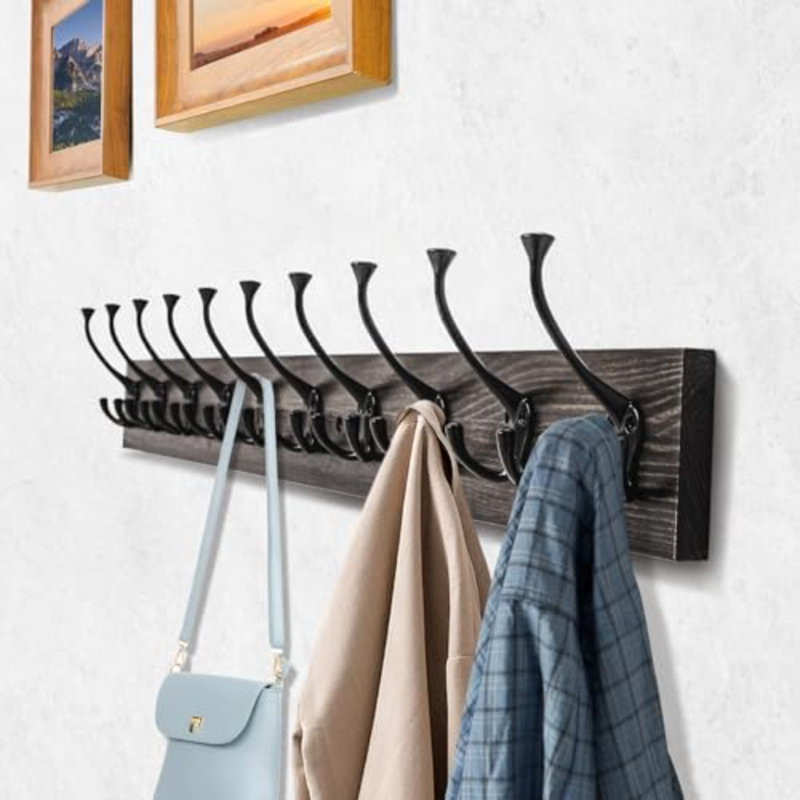 Portemanteau mural rétro, 34 po de long avec 10 crochets à trois crochets noirs | Portemanteau mural, 10 crochets rustiques pour vestibule, salon, manteau, écharpe, sac, serviette, chapeau