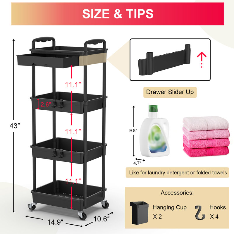 4 Tier Rolling Utility Cart with Drawer, Utility Storage Organizer with Plastic Shelf & Lockable Wheels Multifunctional Storage Cart