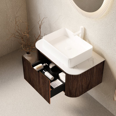 Bathroom Vanity 30" With Floating Cabinet, White Rectangular Basin, No Faucet, Walnut Color, Pre-Assembled - 3D Striped Look, Ample Storage Space High-Strength Plywood,