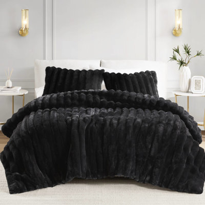 Très grand, 3 pièces, fausse fourrure, édredon, noir, confort douillet, envers, articles non compressés