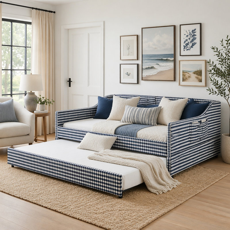 Lit de jour rembourré polyvalent 3 en 1 avec lit gigogne escamotable et poche de rangement latérale, Full / Double, Dark Blue