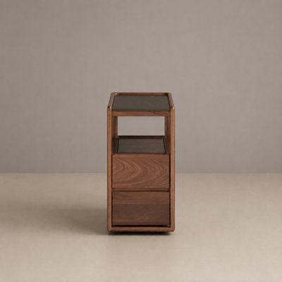26.7"W Solid Walnut Assembled Mobile Brown End Table with Sintered Stone Tabletop,Storage Shelve,Drawer,Wheels