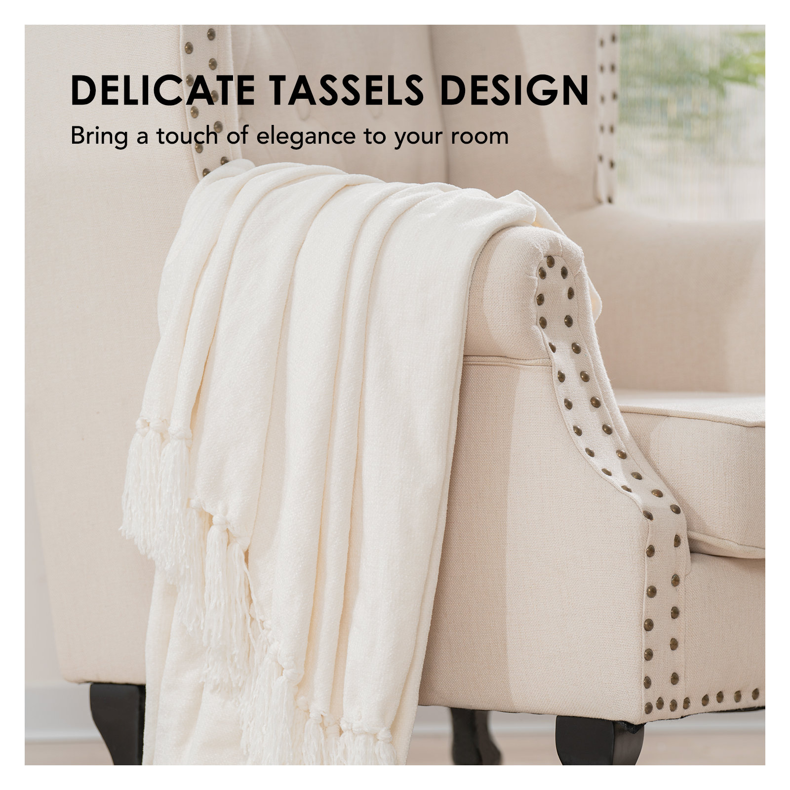 Soft Chenille Throw Blanket, 80" L x 60" W, Ivory White