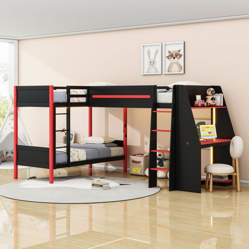 Bunk Bed With Built-In Desk, Shelves And LED