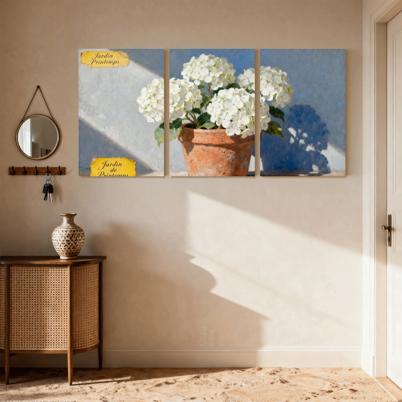 Fleurs d'hortensia en pot sur fond, ensemble de 3 impressions sur toile, H 36 po x l 72 po
