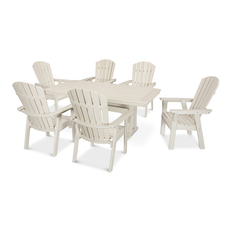 POLYWOOD Nautical Curveback Adirondack 7-Piece Dining Set with Trestle Legs, Sand, 7 Pieces: Table, 6 Chairs
